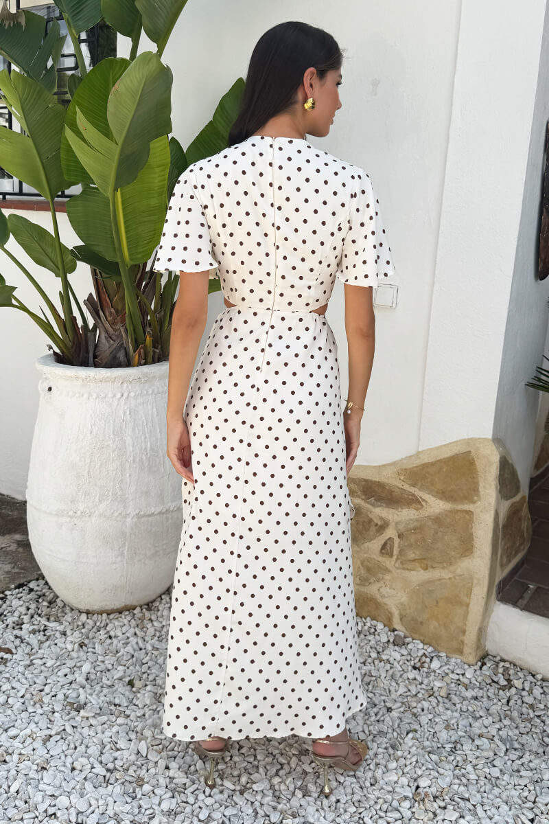 Cream And Brown Polka Dot Cut Out Knot Detail Midi Dress