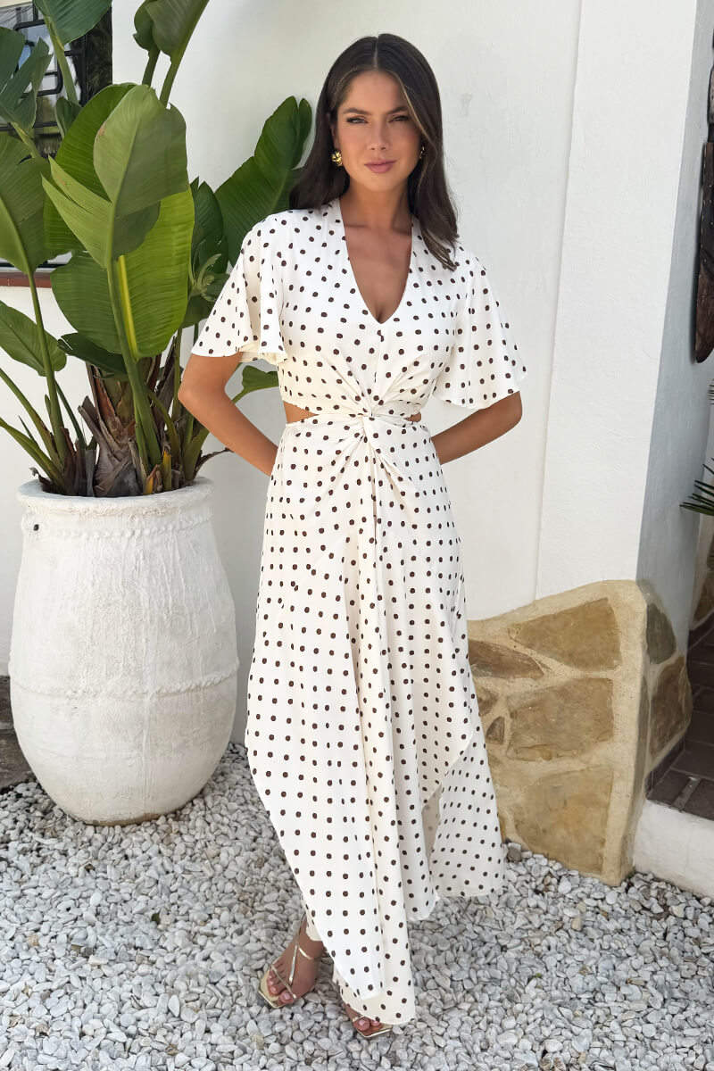 Cream And Brown Polka Dot Cut Out Knot Detail Midi Dress