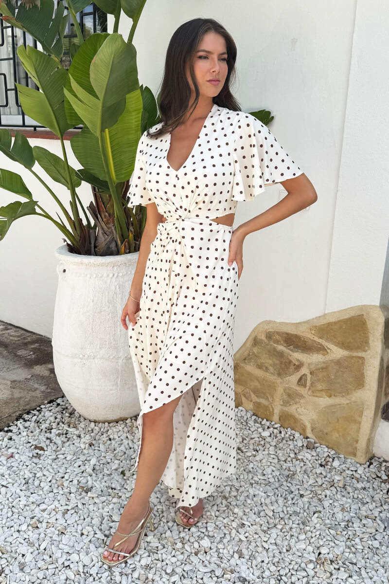 Cream And Brown Polka Dot Cut Out Knot Detail Midi Dress