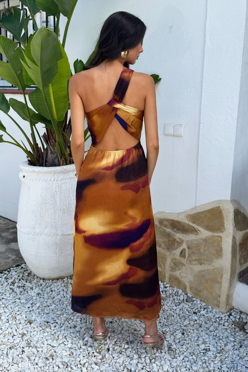 Multi Smudge Print One Shoulder Twist Back Midi Dress