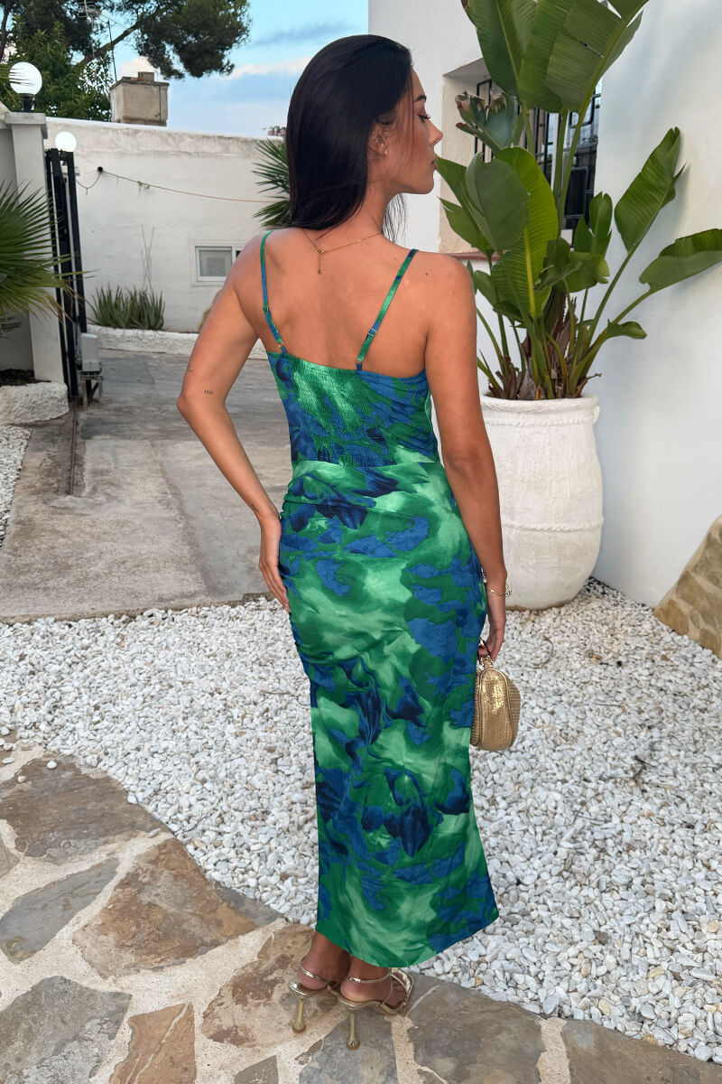 Green And Blue Abstract Print Strappy Midi Dress