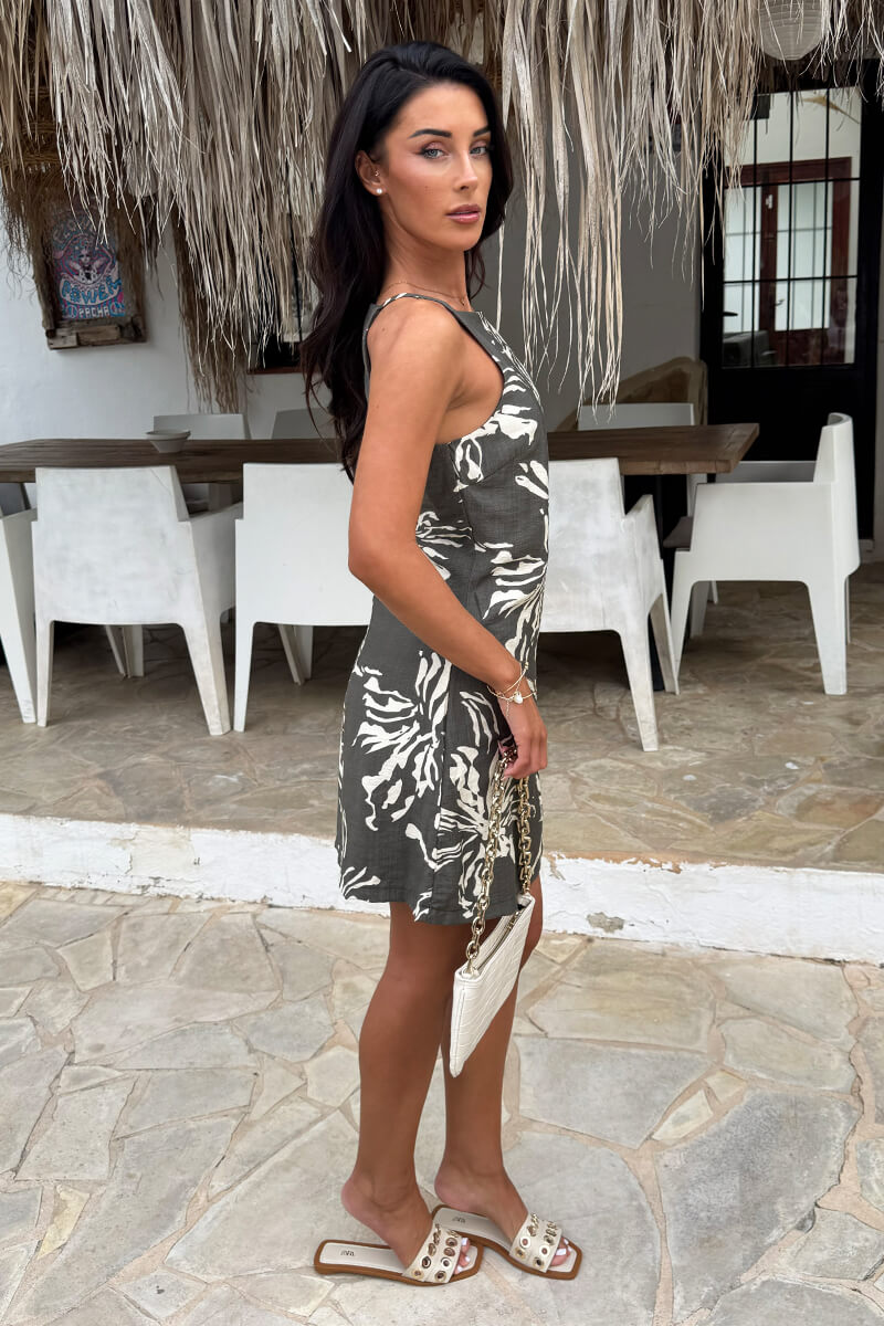 Khaki Abstract Floral Print Racer Neck Mini Dress