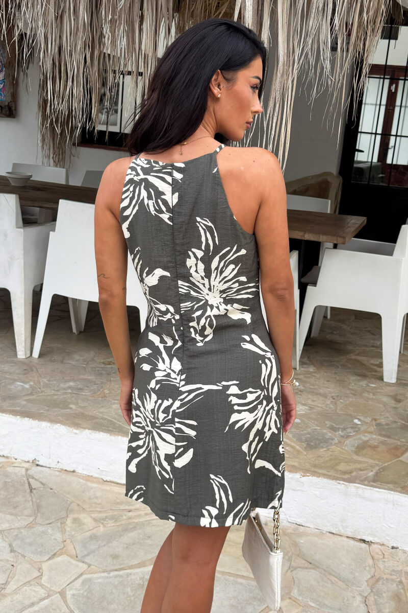 Khaki Abstract Floral Print Racer Neck Mini Dress