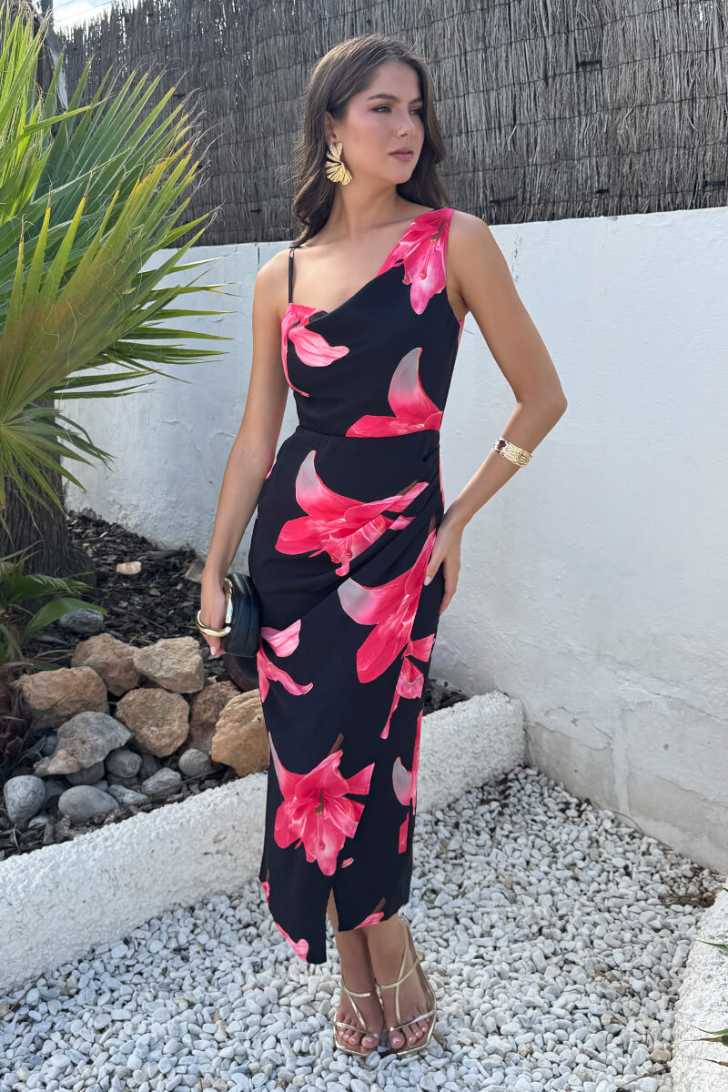 Black And Cerise Floral Print Strap Detail Cowl Midi Dress