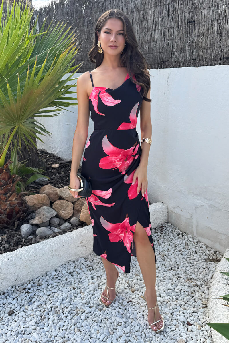 Black And Cerise Floral Print Strap Detail Cowl Midi Dress