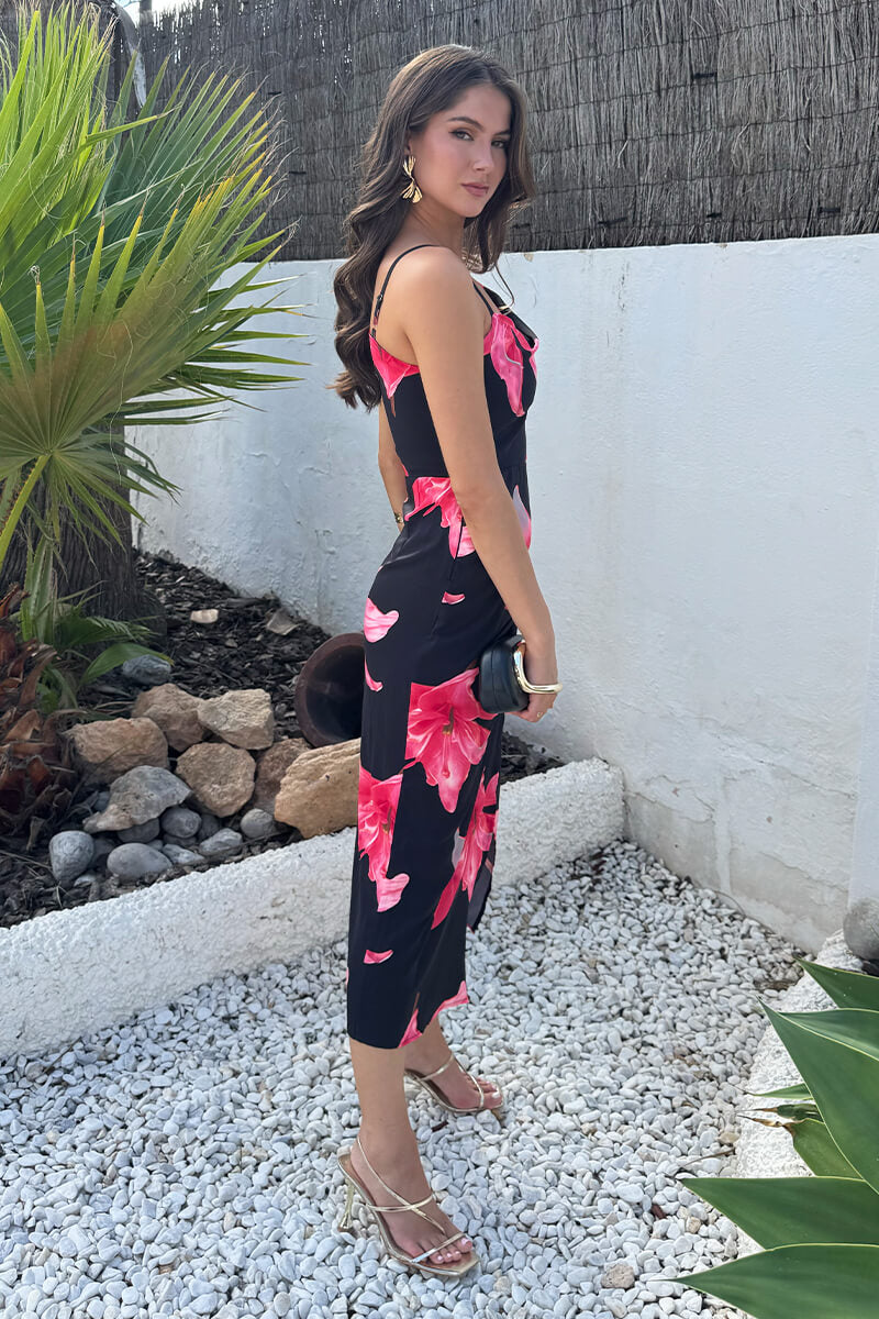 Black And Cerise Floral Print Strap Detail Cowl Midi Dress