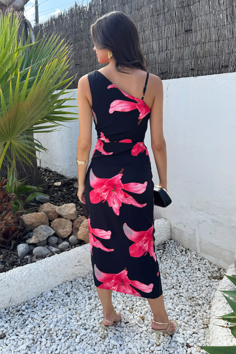Black And Cerise Floral Print Strap Detail Cowl Midi Dress