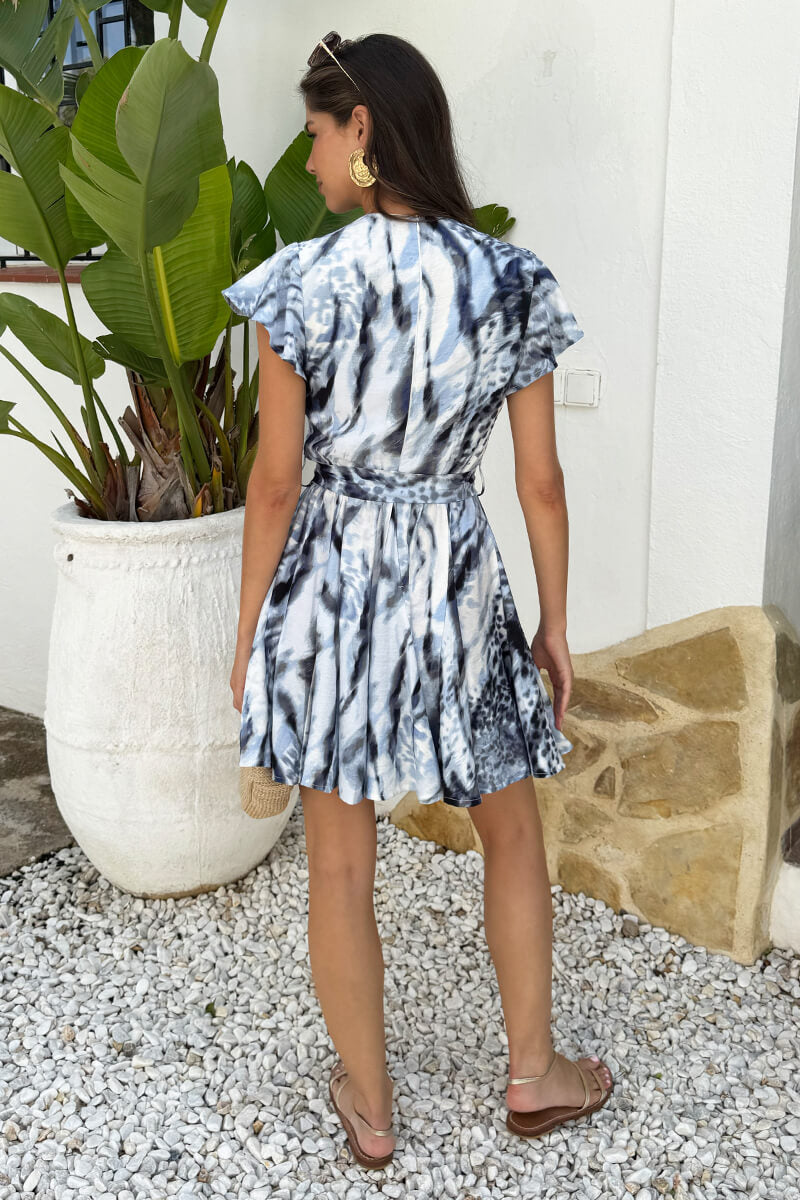Blue Abstract Animal Print Wrap Top Skater Mini Dress