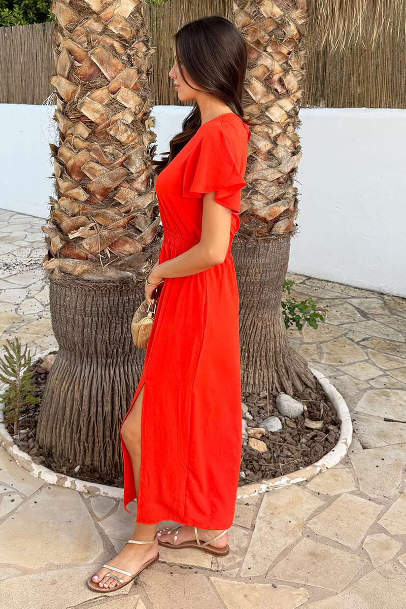 Burnt Orange Flutter Sleeve Shirred Waist Midi Dress