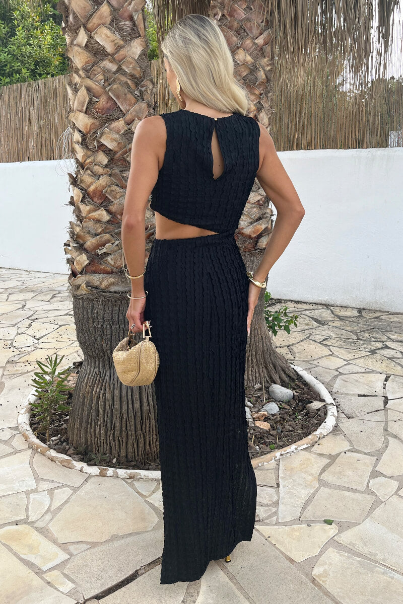 Black Textured Side Waist Cut Out Midi Dress