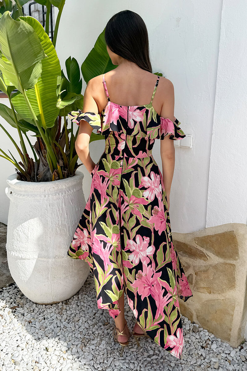 Pink Tropical Flower Print Cold Shoulder Zig Zag Hem Midi Dress