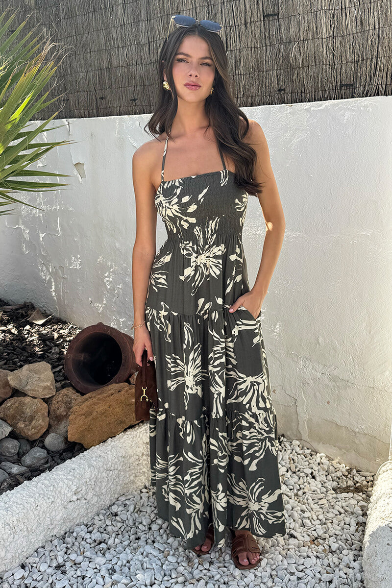 Khaki Abstract Floral Print Tie Neck Smock Midi Dress