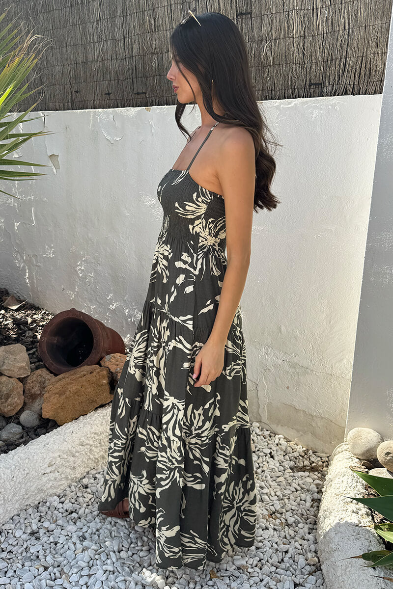 Khaki Abstract Floral Print Tie Neck Smock Midi Dress
