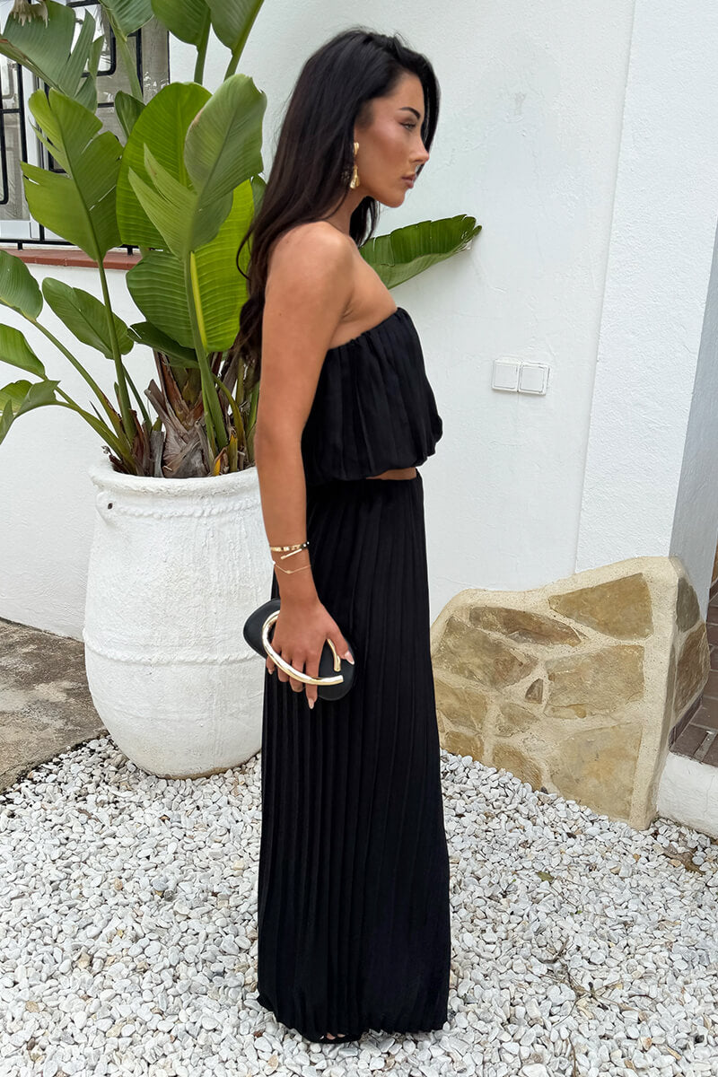 Black Pleated Puff Ball Top And Palazzo Trousers Co-ord