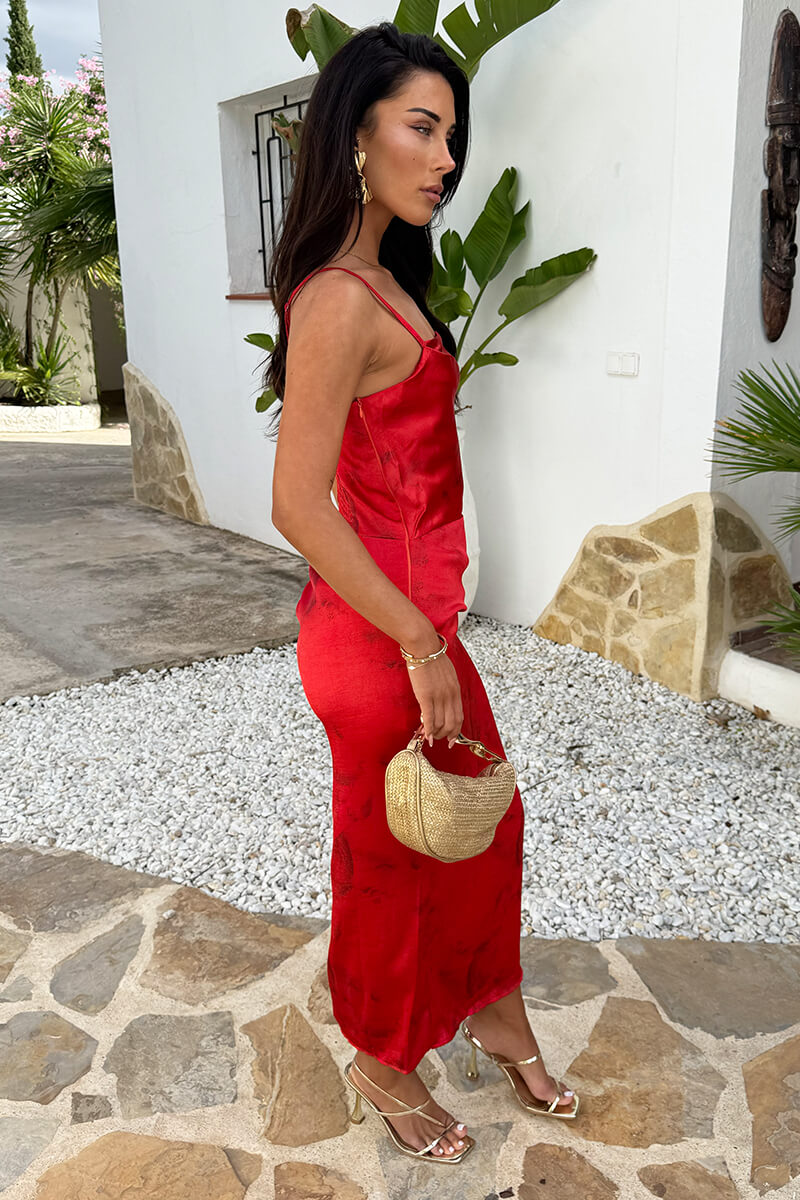 Red Printed Ruched Side Strappy Midi Dress