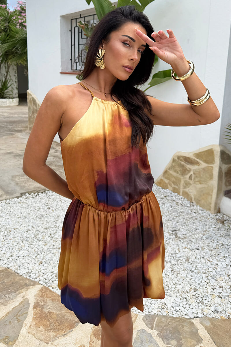 Multi Smudge Print Racer Neck Bubble Hem Mini Dress