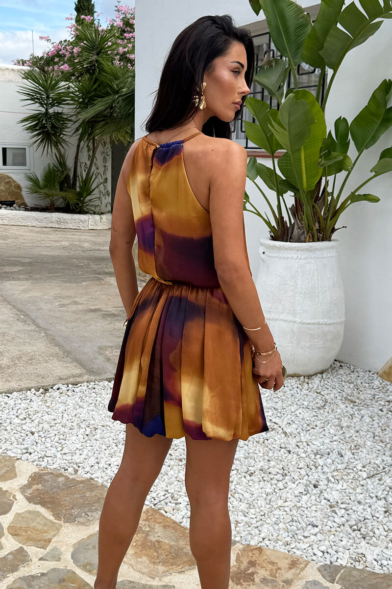 Multi Smudge Print Racer Neck Bubble Hem Mini Dress