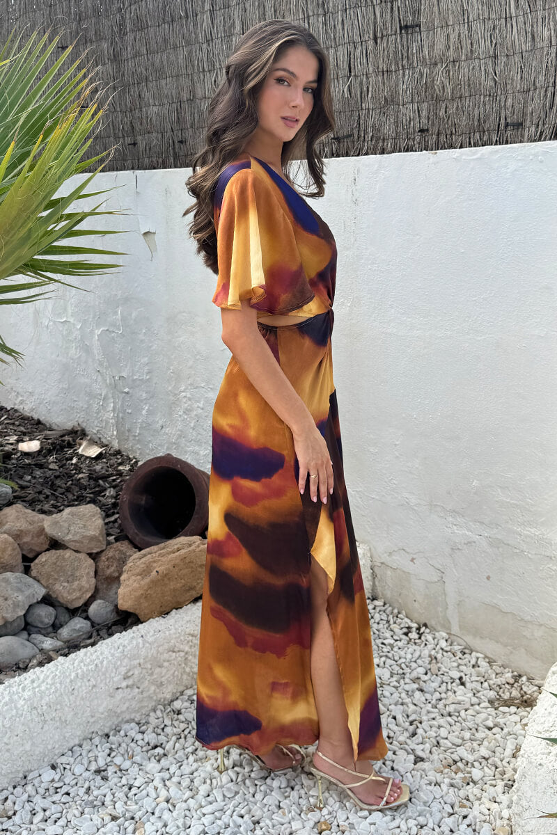 Multi Smudge Print Cut Out Knot Detail Midi Dress
