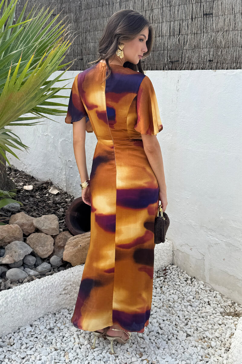 Multi Smudge Print Cut Out Knot Detail Midi Dress