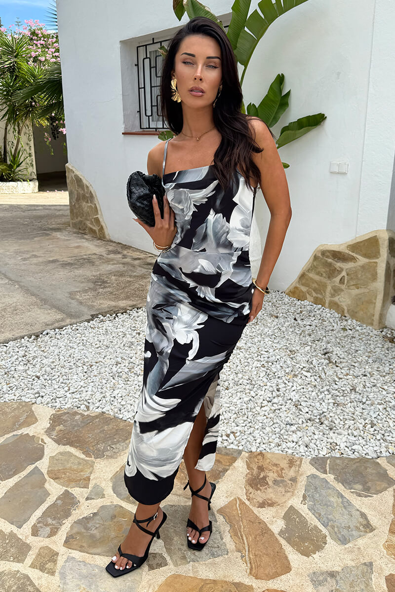 Black Bold Floral Print Ruched Side Strappy Midi Dress