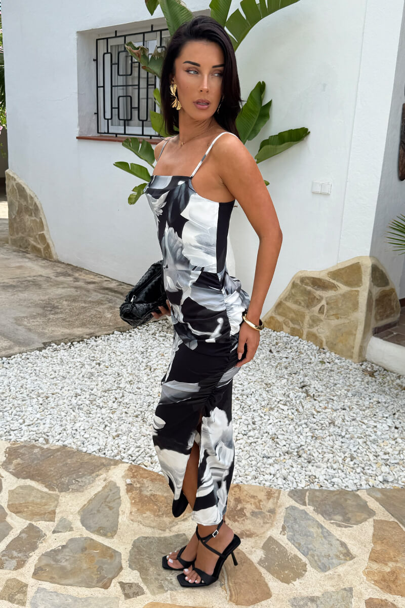 Black Bold Floral Print Ruched Side Strappy Midi Dress