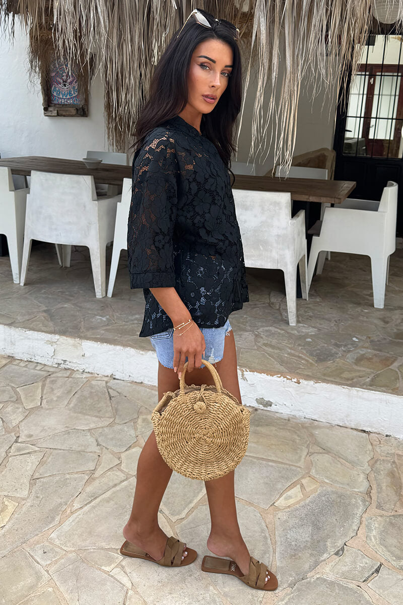 Black Floral Lace Short Sleeve Shirt