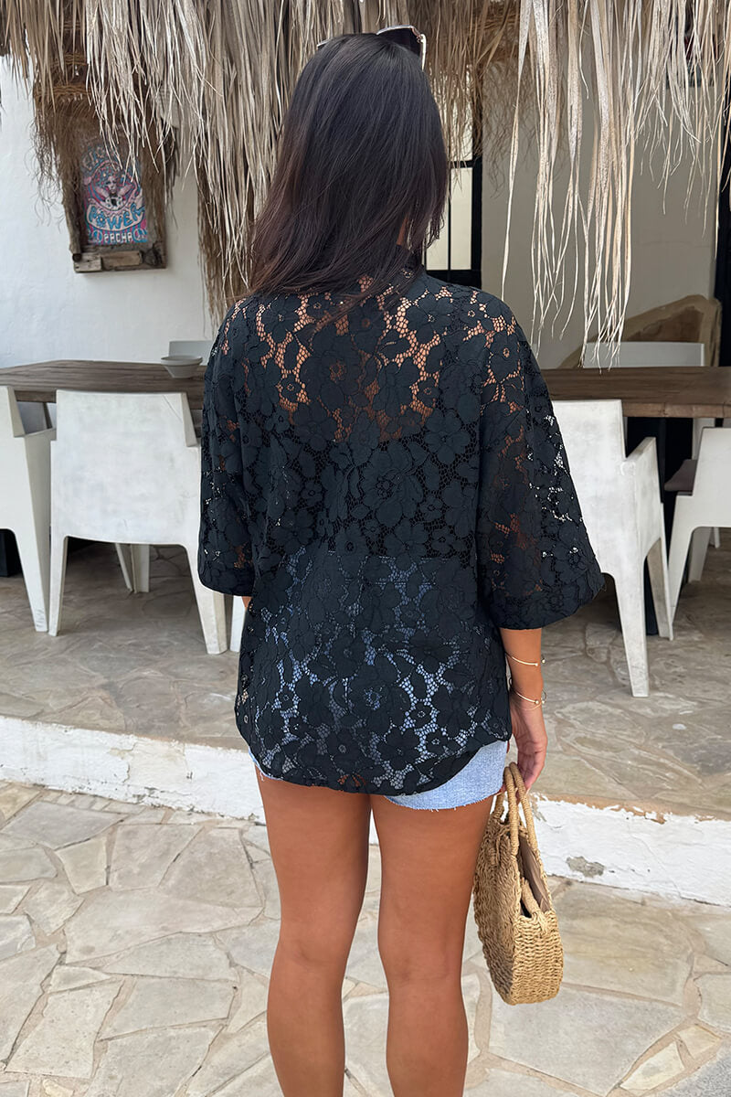Black Floral Lace Short Sleeve Shirt