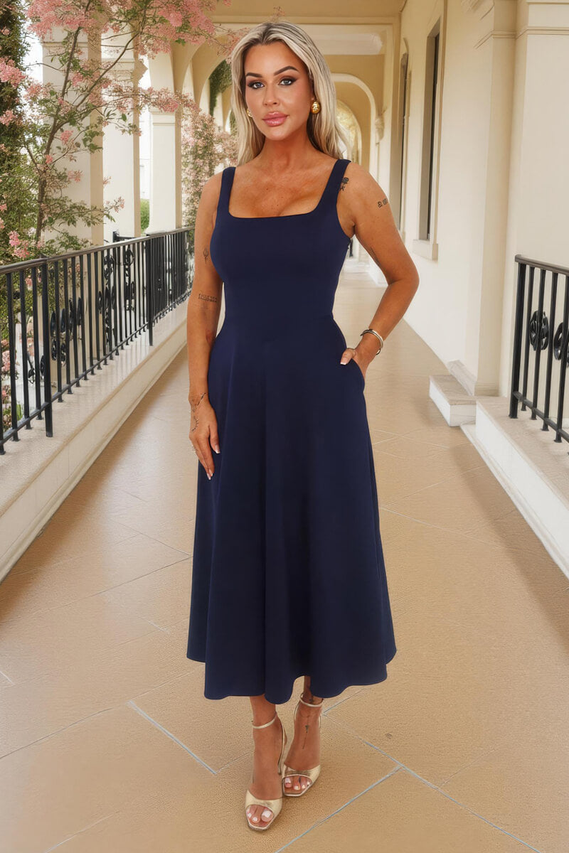 Navy Square Neck A-line Midi Dress