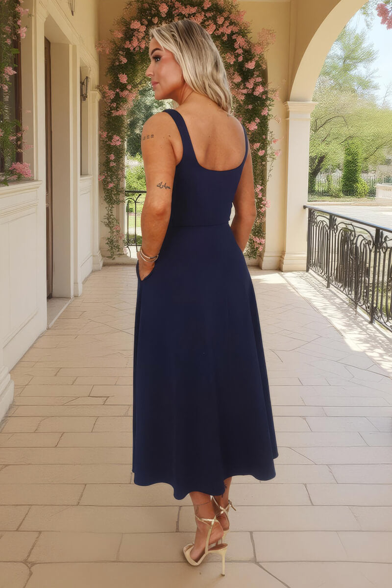 Navy Square Neck A-line Midi Dress