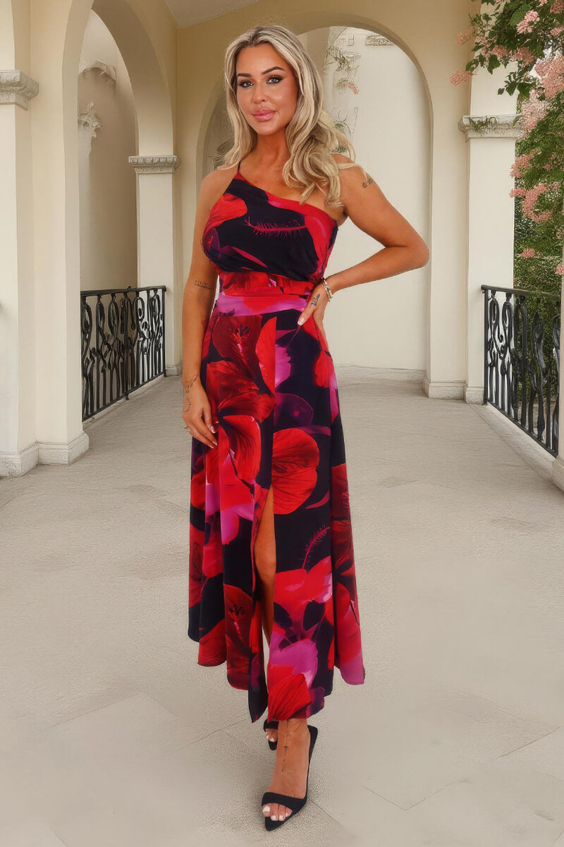 Multi Floral Print One Shoulder Ruched Waist Midi Dress