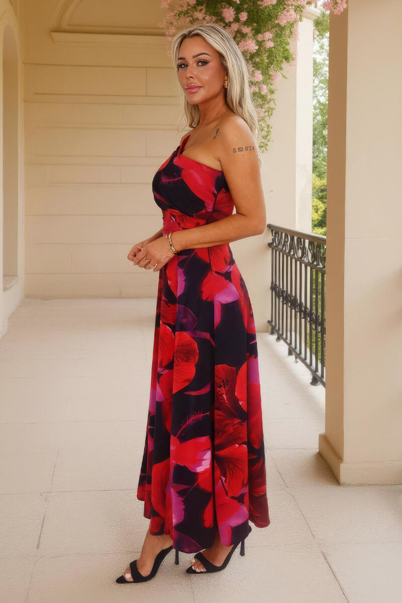 Multi Floral Print One Shoulder Ruched Waist Midi Dress