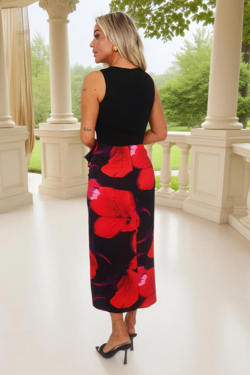 Multi Floral Print 2 in 1 Bow Detail Midi Dress