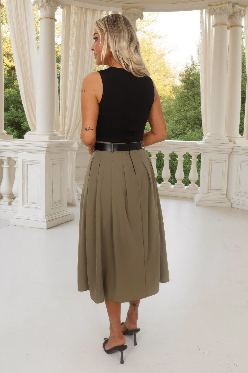 Khaki 2 in 1 Pleated Skirt Belted Midi Dress