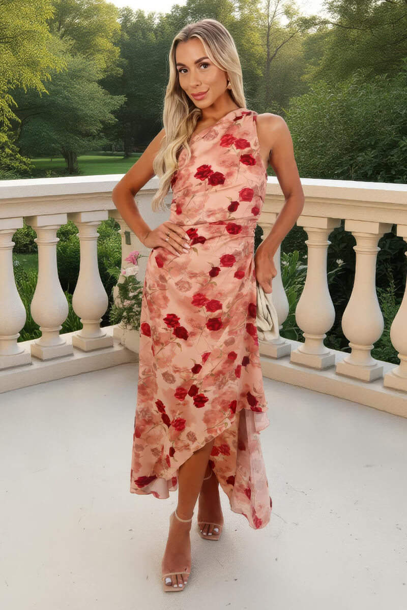 Blush Rose Print One Shoulder Dipped Hem Midi Dress