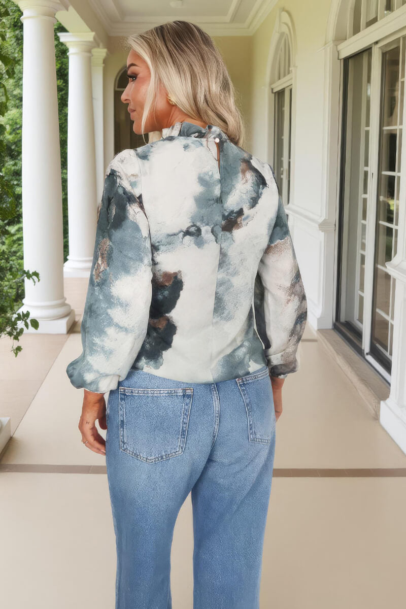 Duck Egg Marble Print Long Sleeve Ruffle Neck Top