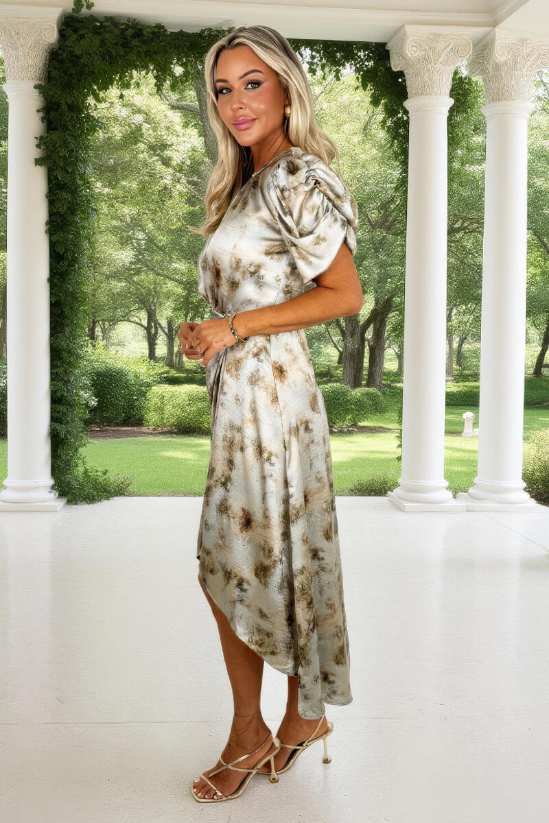 Multi Smudge Print Puff Sleeve Gathered Side Midi Dress