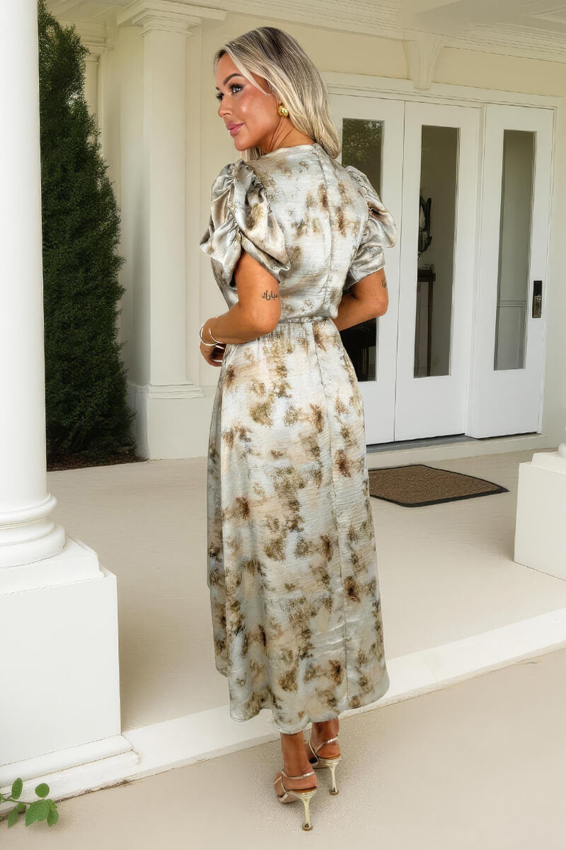 Multi Smudge Print Puff Sleeve Gathered Side Midi Dress