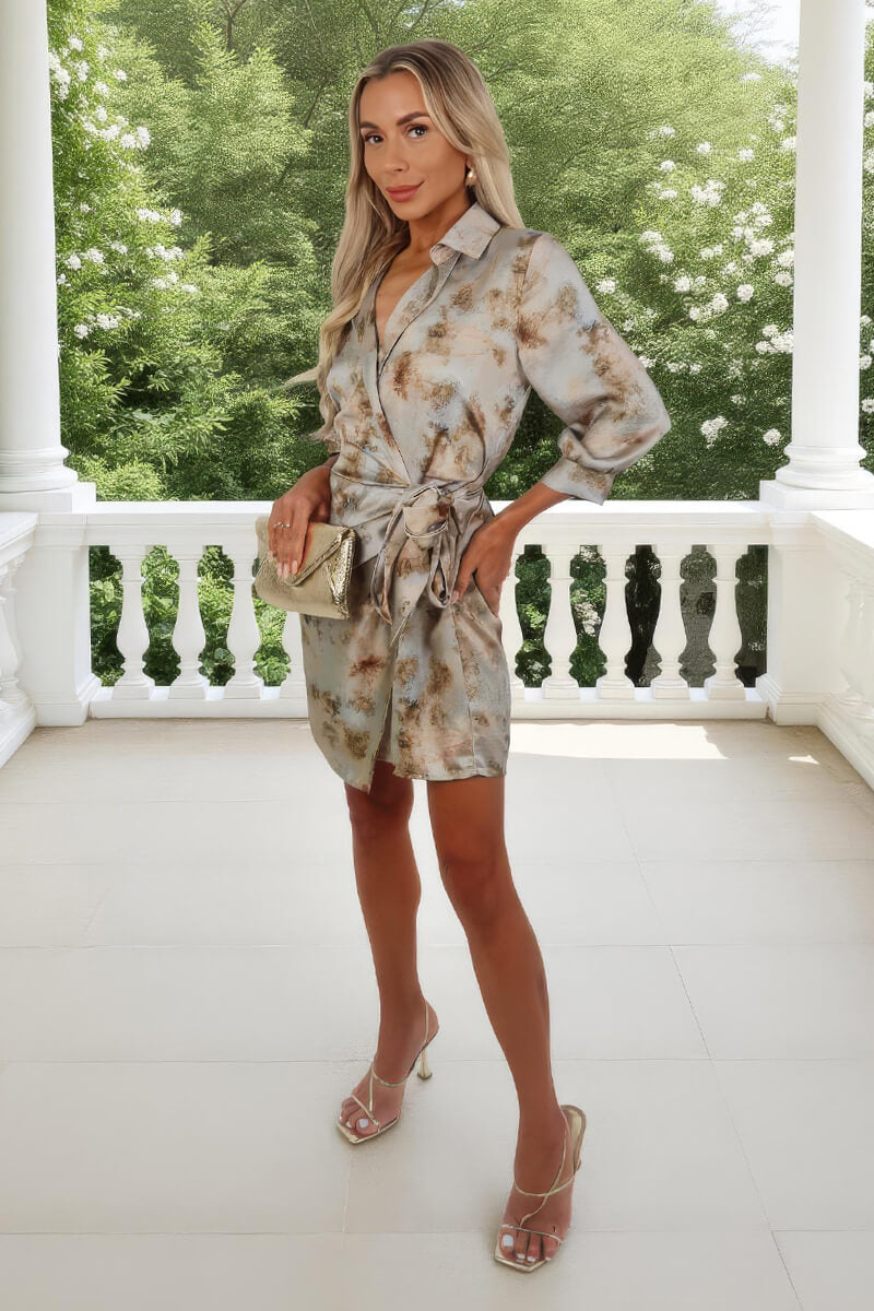 Multi Smudge Print Tie Waist Wrap Shirt Mini Dress