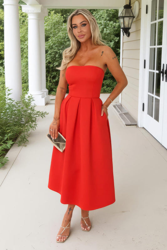 Blood Orange Bandeau A-Line Skirt Midi Dress