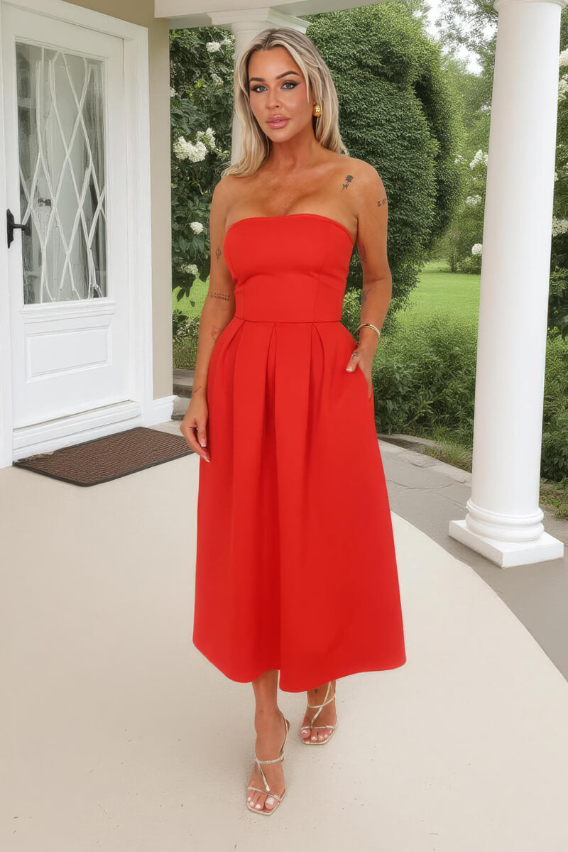Blood Orange Bandeau A-Line Skirt Midi Dress