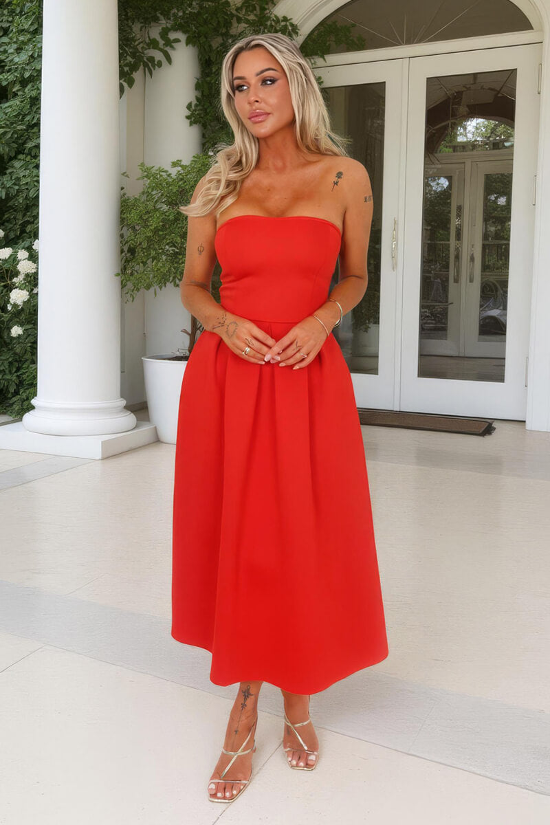 Blood Orange Bandeau A-Line Skirt Midi Dress
