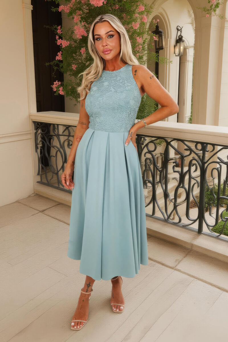 Duck Egg Embroidered Top Overlay A-Line Skirt Midi Dress