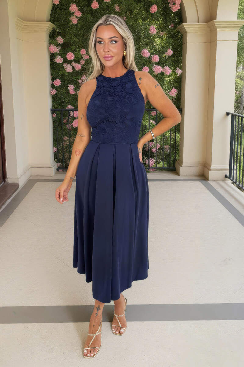 Navy Embroidered Top Overlay A-Line Skirt Midi Dress