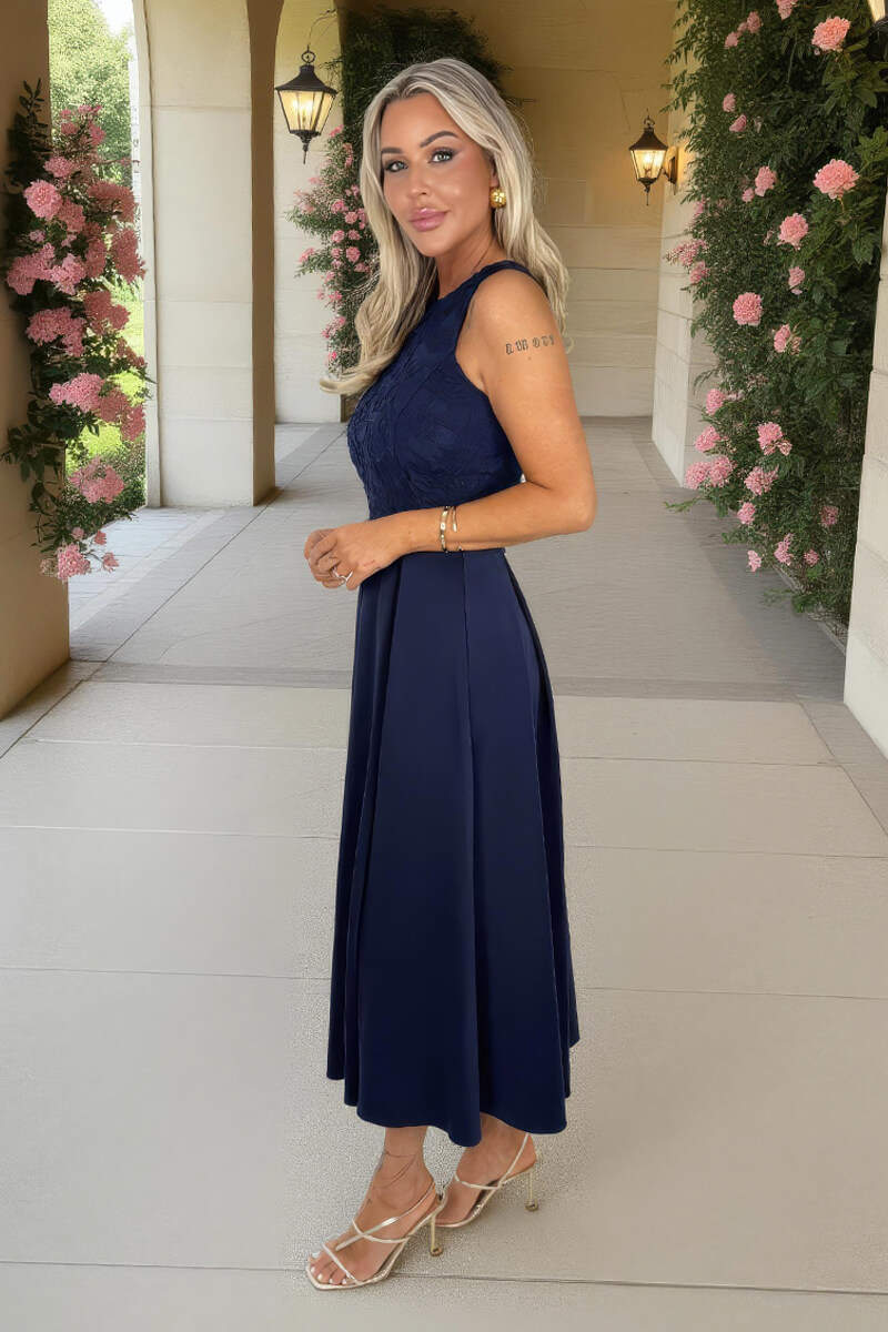 Navy Embroidered Top Overlay A-Line Skirt Midi Dress