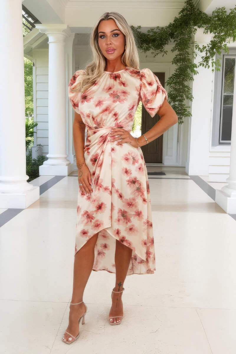 Blush Floral Print Puff Sleeve Gathered Side Midi Dress
