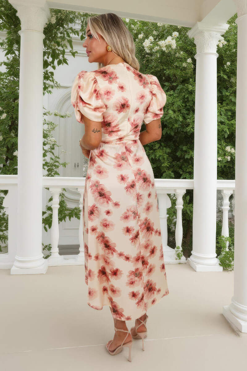 Blush Floral Print Puff Sleeve Gathered Side Midi Dress