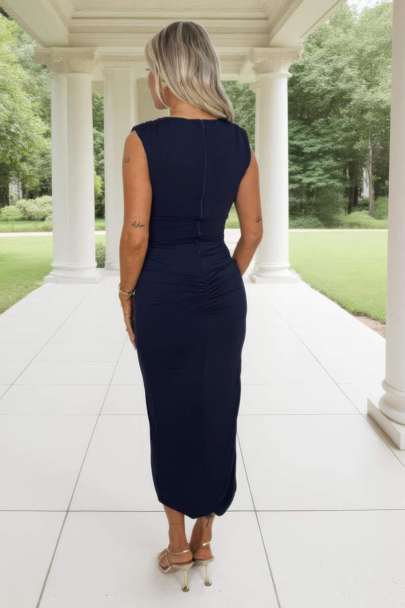 Navy Draped Sash Top Wrap Skirt Midi Dress