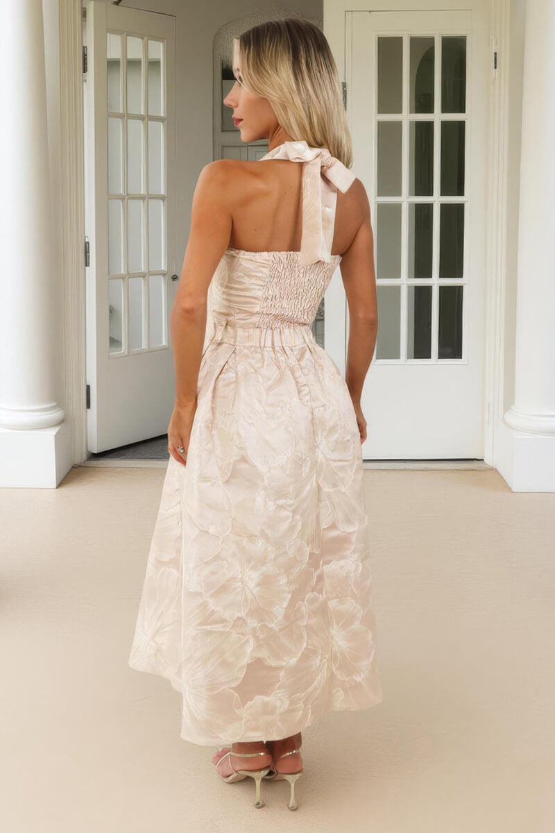 Blush Floral Jacquard Tie Neck A-Line Midi Dress