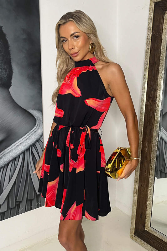 Black And Coral Red Floral Print Halter Neck Mini Dress