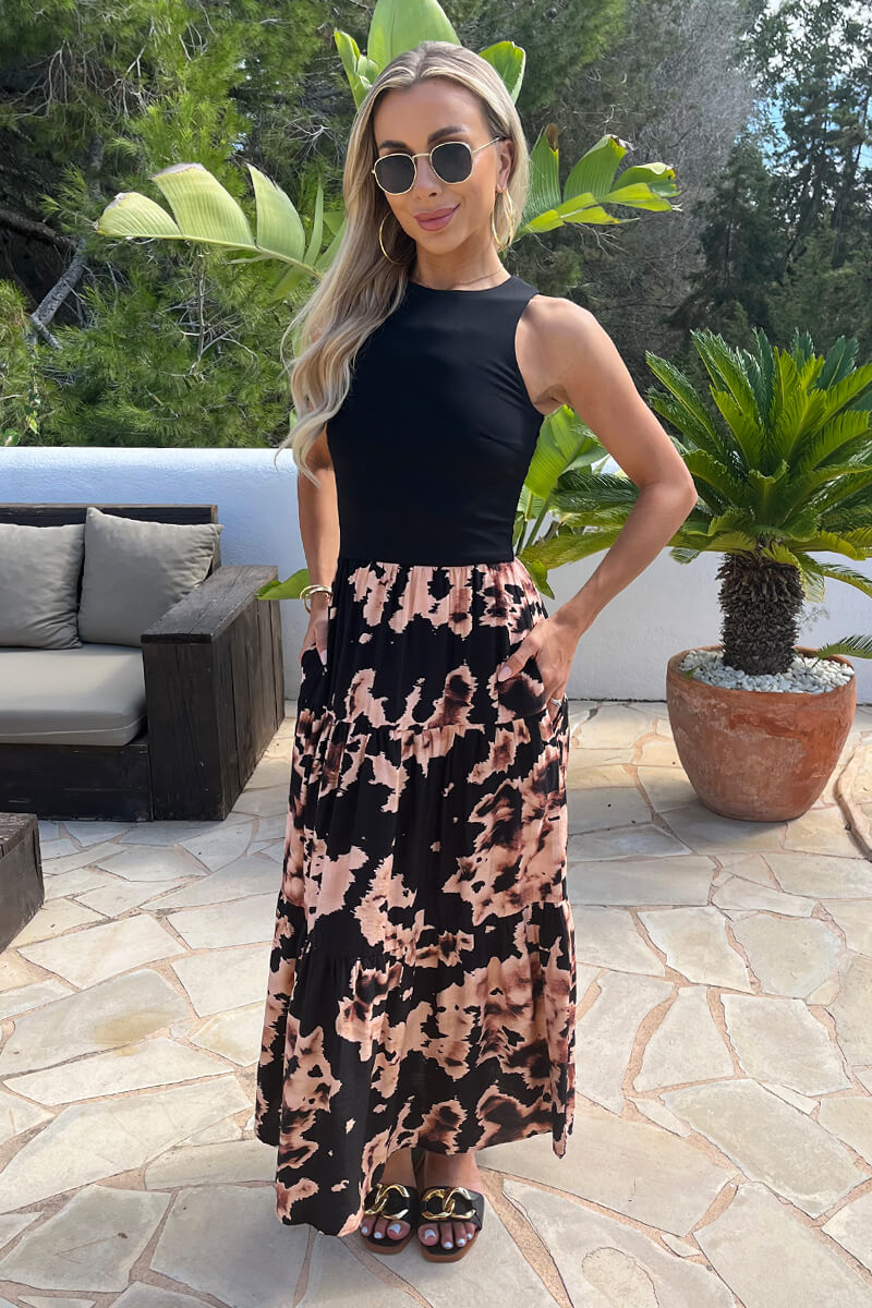 Black Abstract Print 2 In 1 Smock Midi Dress